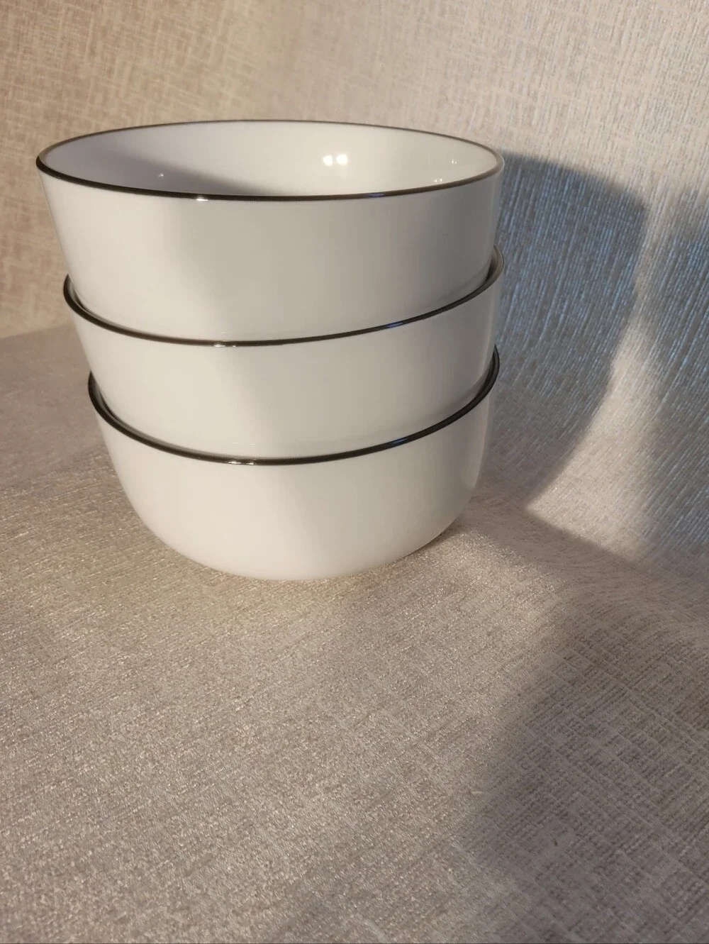 Sur La Table White Ceramic Bowls with Black Trim - Set of 3. Excellent